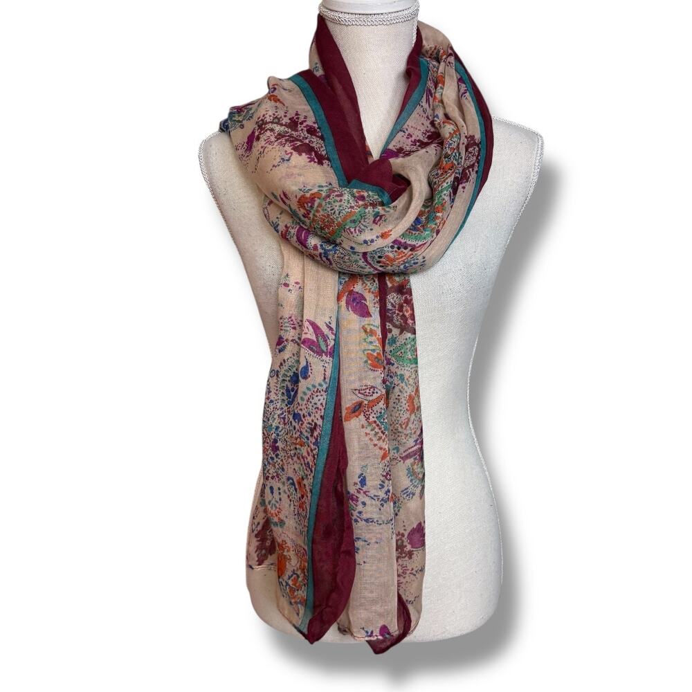 Tan & Teal Rectangular Scarf with Burgundy Border